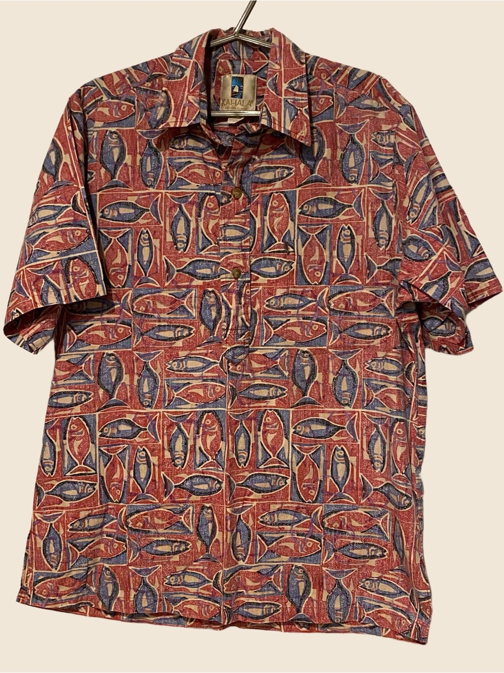 Kahala Hawaiian Island Game Fish Mosaic Button-Down SS Shirt - Red/Blue